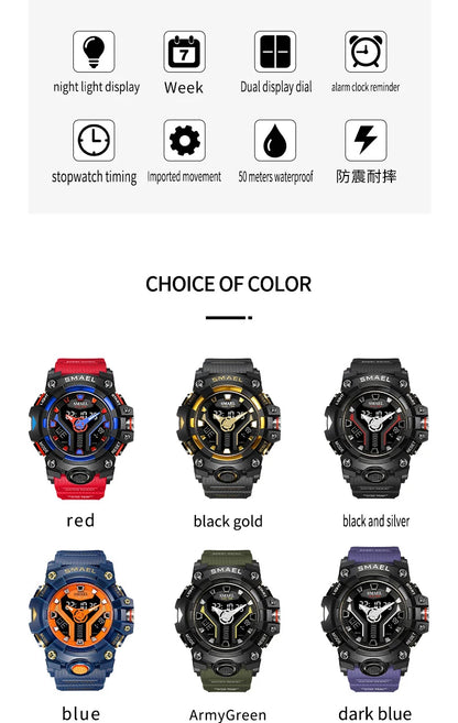 SMAEL 8075 Men's Analog Digital Dual Display Sport Watch - 50M Waterproof LED Backlight Dual Time Alarm Chronograph Stopwatch