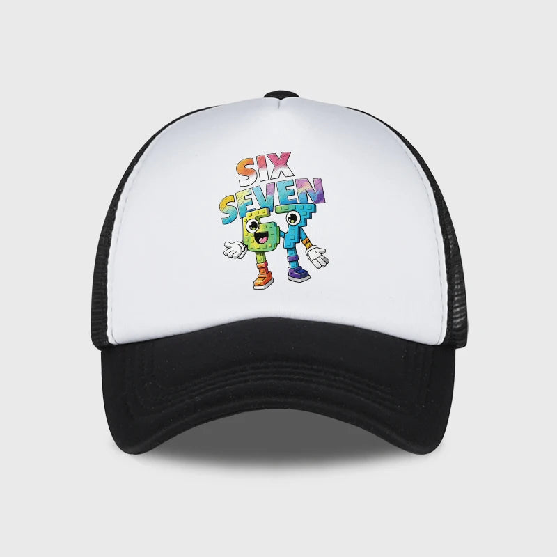 Six Seven Cartoon Number Print Sponge Mesh Cap – Unisex Colorful Building Block Mesh Baseball Cap – Adjustable, Breathable Sun H