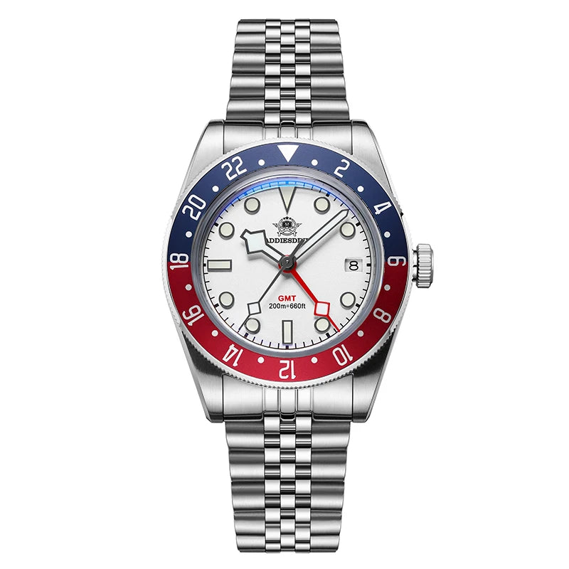 Montre de plongée pour homme ADDIESDIVE GMT515-24H – Étanchéité 200 m, verre bombé, revêtement luminescent BGW9, boîtier en acier inoxydable, affichage analogique