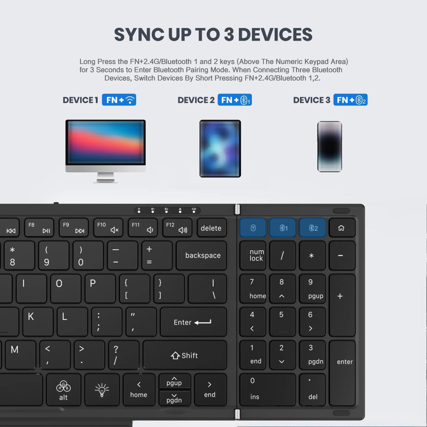 Jomaa hintergrundbeleuchtete klappbare Full-Size-Tastatur Bluetooth+USB, kabellose Tastatur mit Touchpad und Ziffernblock für Laptop Windows