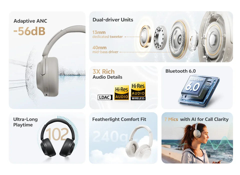 Casque sans fil Bluetooth 6.0 QCY BH25H3SA avec audio spatial 3D, réduction de bruit active adaptative -56 dB, haut-parleur de 53 mm, casque pliable supra-auriculaire