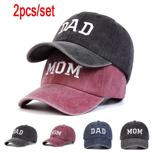 2PCS Unisex DAD MOM Letter Embroidery Wash Baseball Caps Spring and Autumn Outdoor Adjustable Casual Hats Sunscreen Hat
