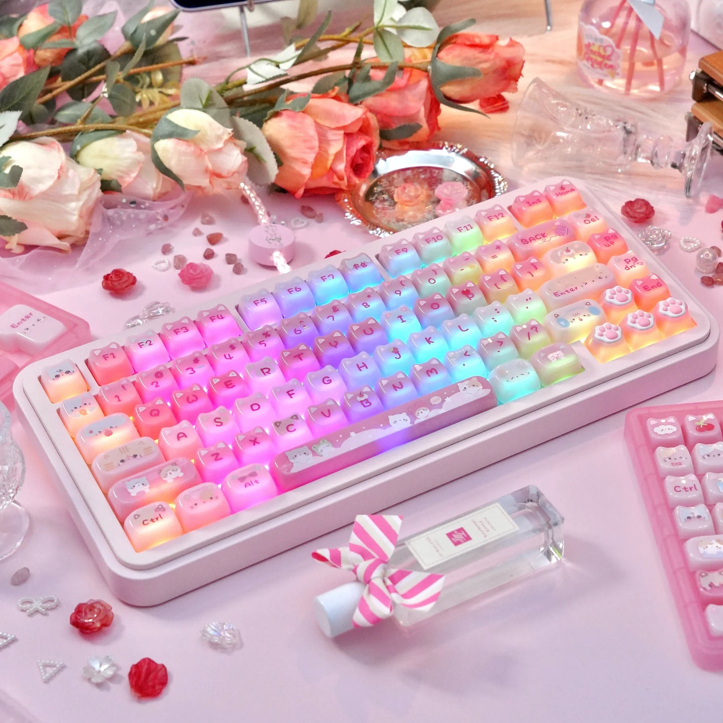 Pink Meow Keycaps Cute Cat Head MAO Cherry Profile PBT Key Cap For Gift Mechanical Keyboard KeyCap Keyboards Accessories