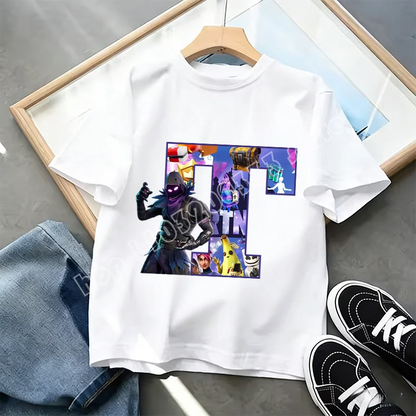 Μπλουζάκι Fortnite με στάμπα αλφαβήτου A-Z για παιδιά, καλοκαιρινό, λευκό, δημοφιλές cartoon game, casual κοντομάνικο τοπ μόδας, ιδανικό για δώρο