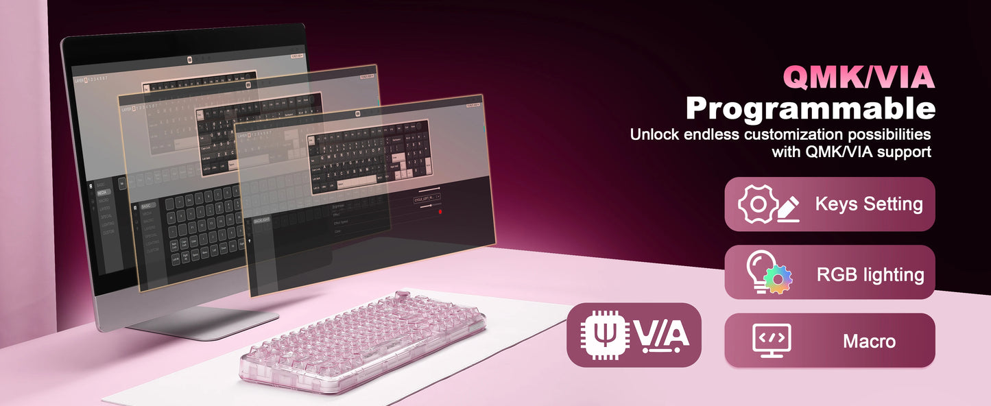 YUNZII X98 Pink QMK/VIA Wireless Transparent RGB Keyboard, Hot-Swap Gasket Mechanical Gaming Keyboard, Pre-lubed Knob Keyboard