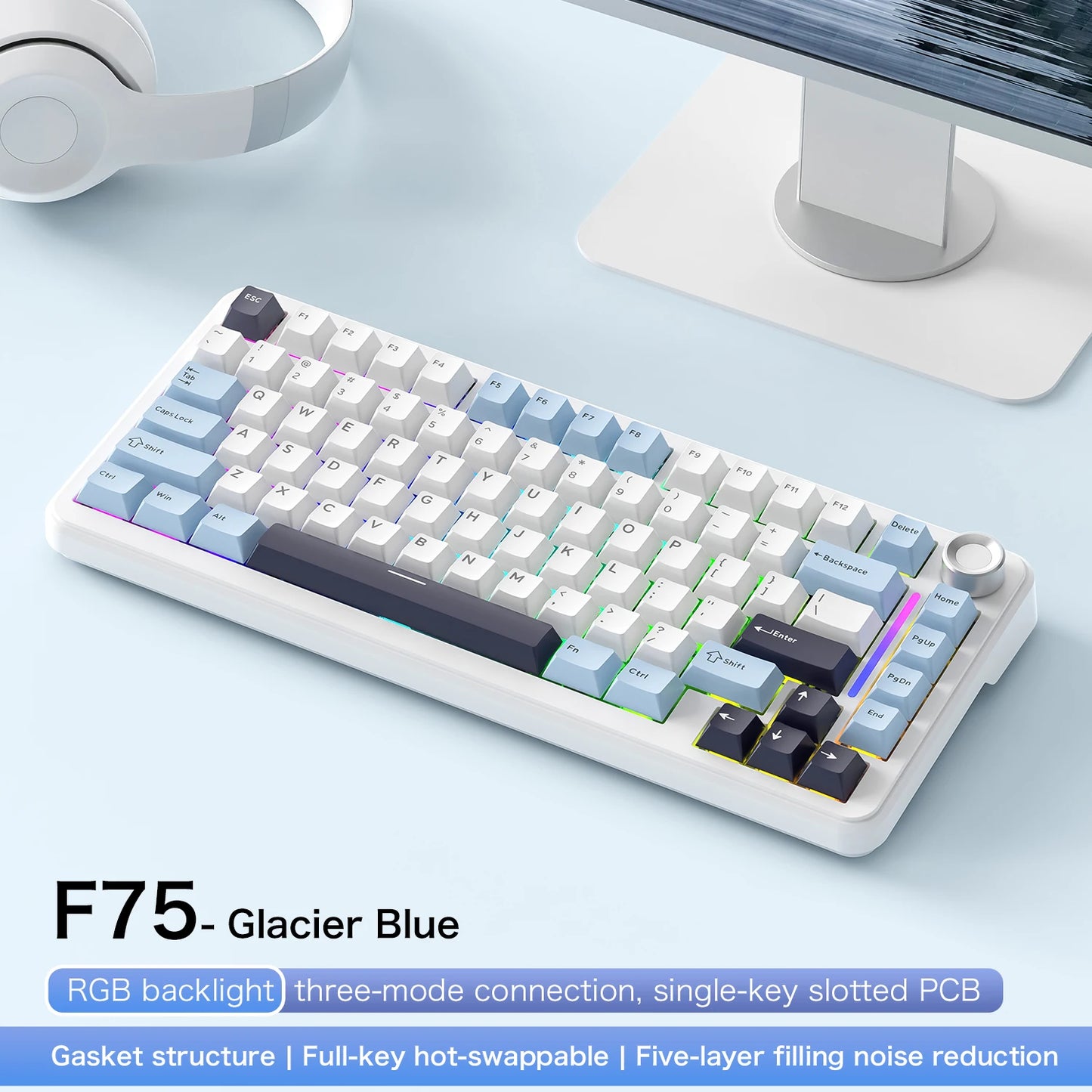 Teclado mecánico F75 FREEWOLF * AULA F75 Bluetooth trimodo, diseñado para gaming y uso de oficina
