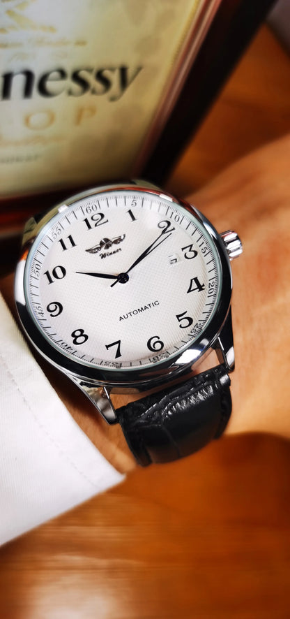 Montre classique pour homme – Style rétro avec calendrier et aiguilles bleues, mouvement mécanique automatique, marque de prestige, boîtier en acier et bracelet en cuir