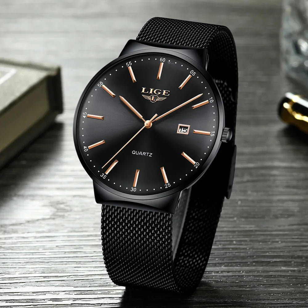 Pánske hodinky LIGE, elegantný a luxusný model, ultratenký, vodotesný, s remienkom z pletiva, quartzovým strojčekom, zobrazením dátumu a kalendára – ideálne pre profesionálny štýl.