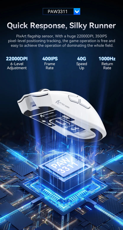 ATTACK SHARK X11 Tri-Mode Lightweight Gaming Mouse have PAW3311,22000DPI,400IPS,40G,59g,Magnetic Fast Charging,RGB backlight