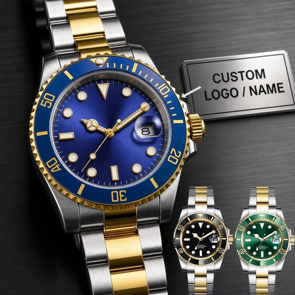 Custom logo NH35 MIYOTA 8215 Automatic Men Watch Luxury Diver Two Tone Gold 316L Stainless Steel Sapphire 10ATM Sterile Sunburs