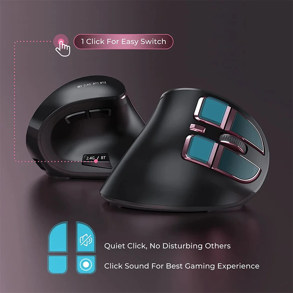 Mouse verticale wireless Jomaa 2.4G+Bluetooth per Apple Mac, laptop e notebook, 9 pulsanti, mouse gaming ricaricabile per PC e iPad