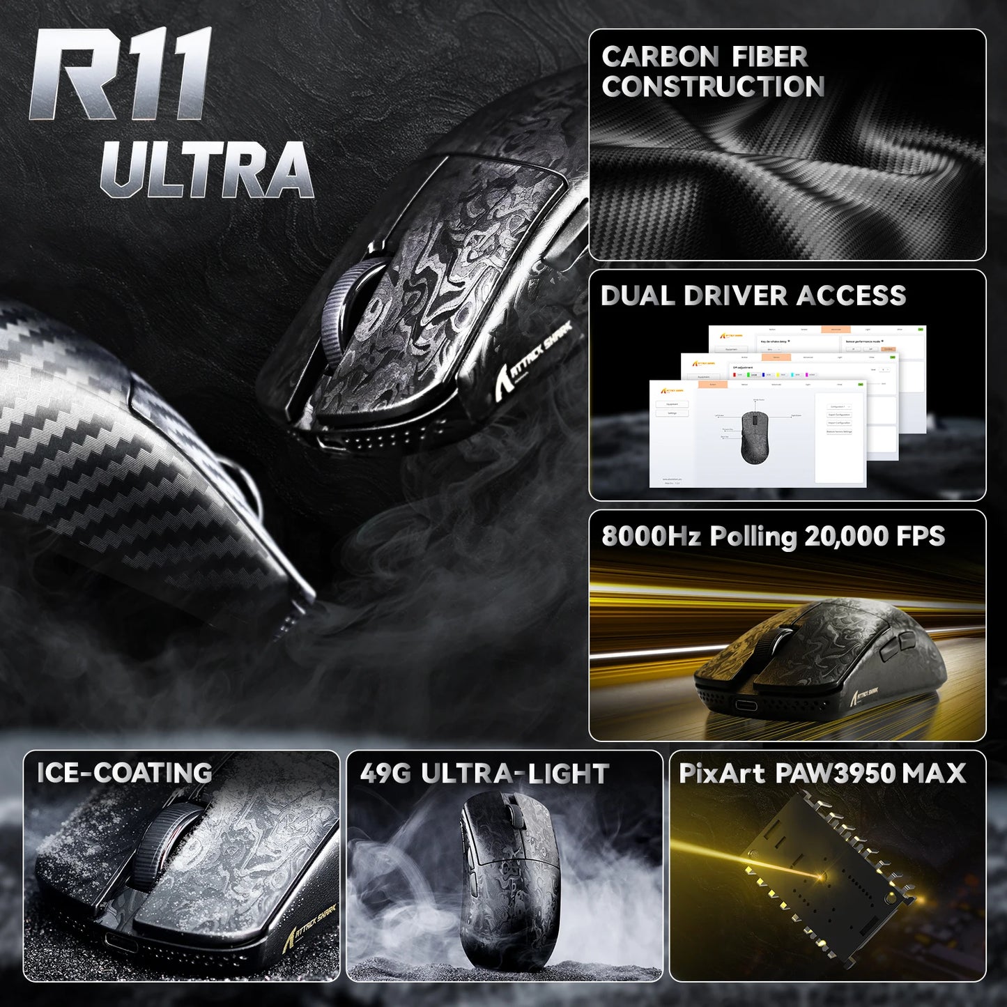 Ratón gaming inalámbrico ATTACK SHARK R11 ULTRA de fibra de carbono, 8000Hz, PAW3950MAX, 42000DPI, ultraligero de 49g, 20000FPS, Nordic 52840