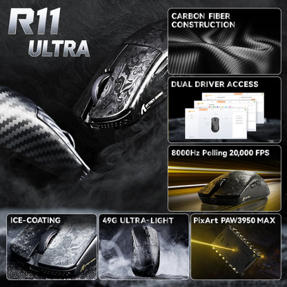Ratón gaming inalámbrico ATTACK SHARK R11 ULTRA de fibra de carbono, 8000Hz, PAW3950MAX, 42000DPI, ultraligero de 49g, 20000FPS, Nordic 52840