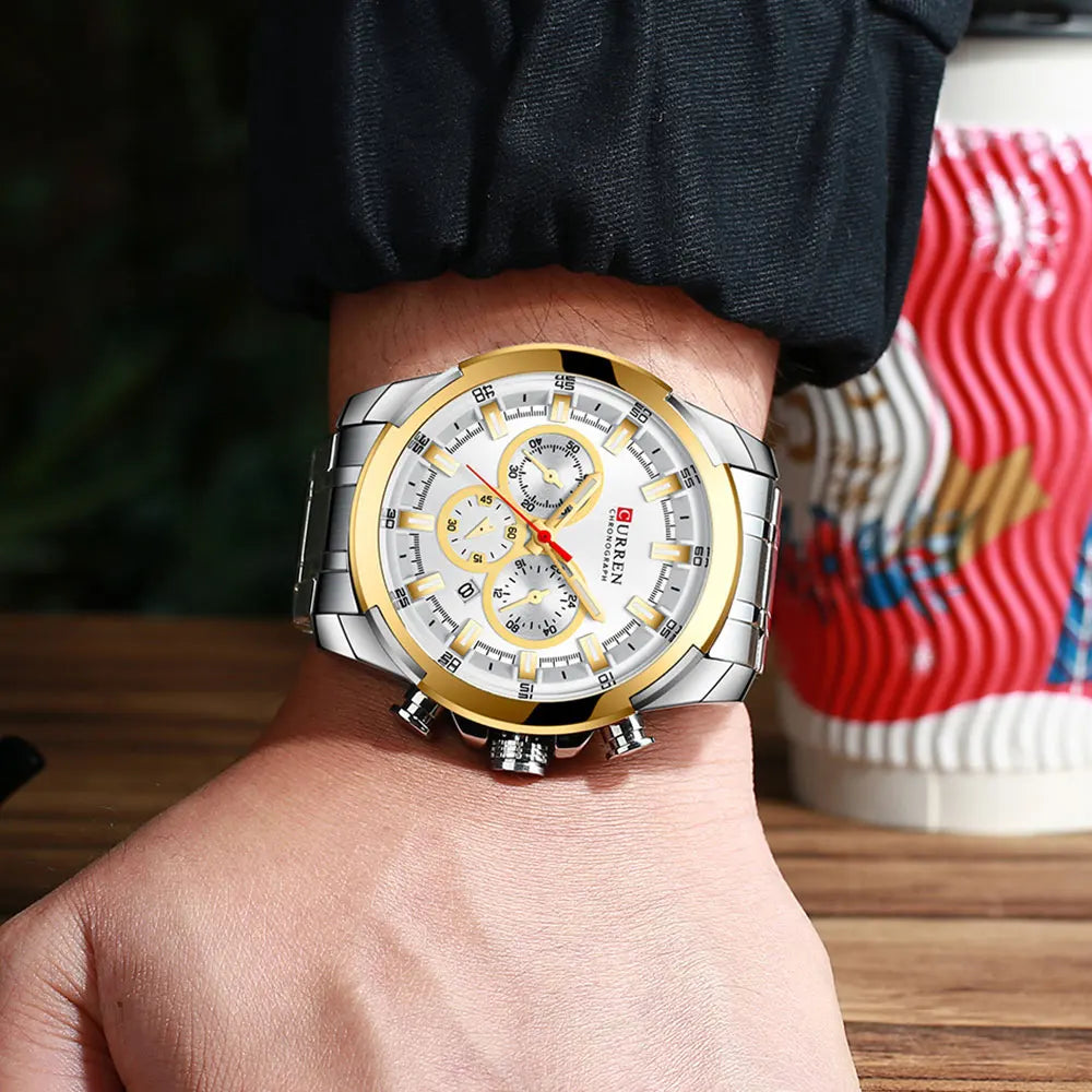 Montre chronographe pour homme CURREN, grand cadran de 48 mm, bracelet en acier inoxydable, trois sous-cadrans, montre-bracelet de sport à quartz, style luxueux