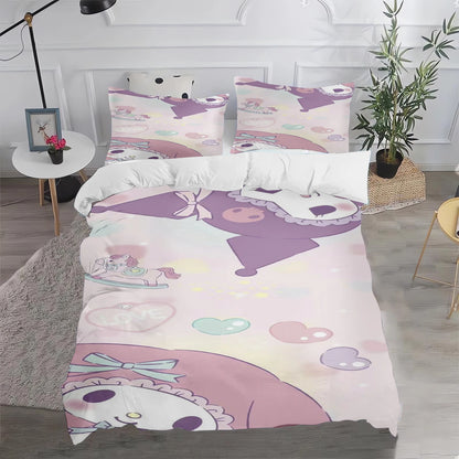 Ensemble de literie Kuromi : housse de couette et taie d'oreiller mignonnes, pour chambre d'enfant (garçon ou fille), décoration de chambre, cadeau pour enfants, taille simple, double ou grande