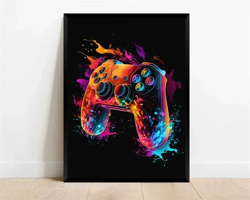 Póster Néon de Personagem de Videojogo com Gamepad, Auscultadores, Futebol e Basquetebol em Tela — Arte de Parede para Decoração de Quarto Gaming