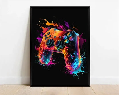 Póster Néon de Personagem de Videojogo com Gamepad, Auscultadores, Futebol e Basquetebol em Tela — Arte de Parede para Decoração de Quarto Gaming