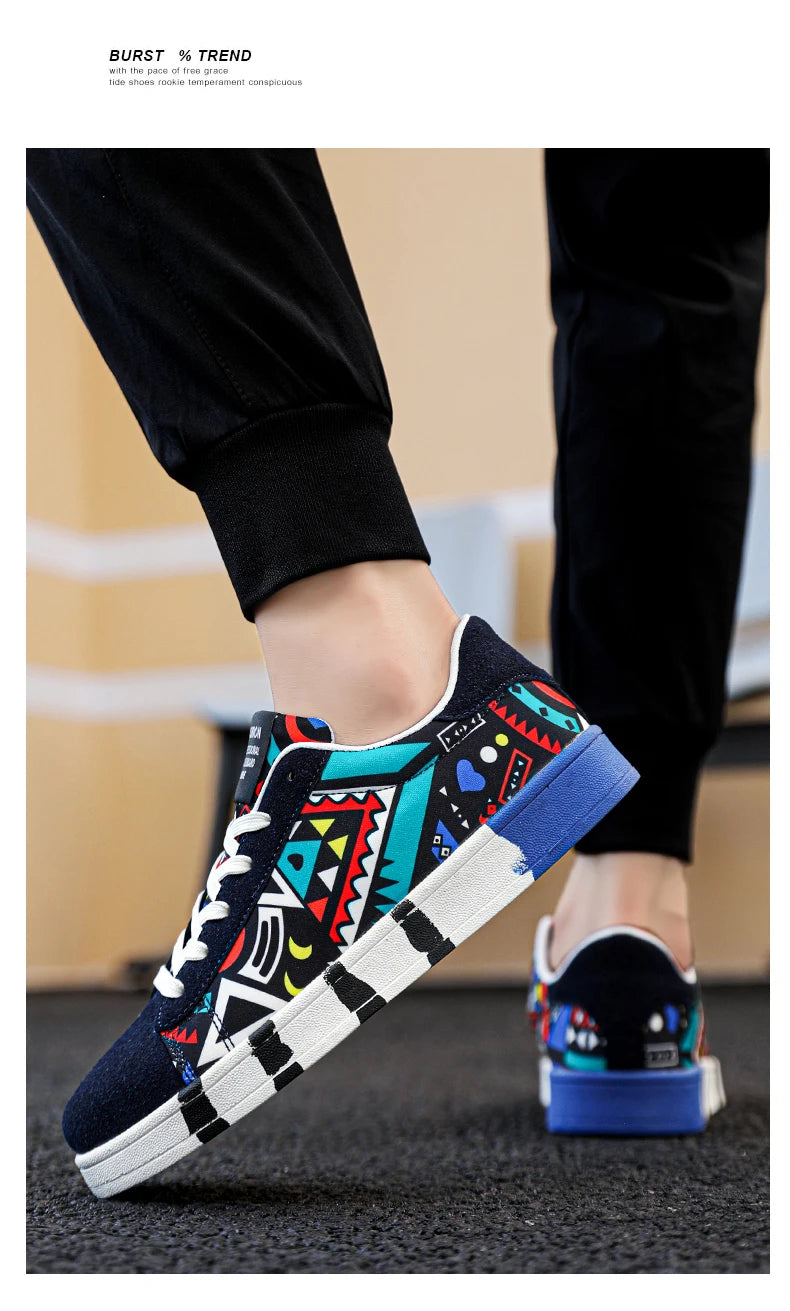YRZL Scarpe sportive da running da uomo in tela con stile geometrico, sneakers stringate, scarpe da skate da uomo alla moda per coppie con stampa graffiti