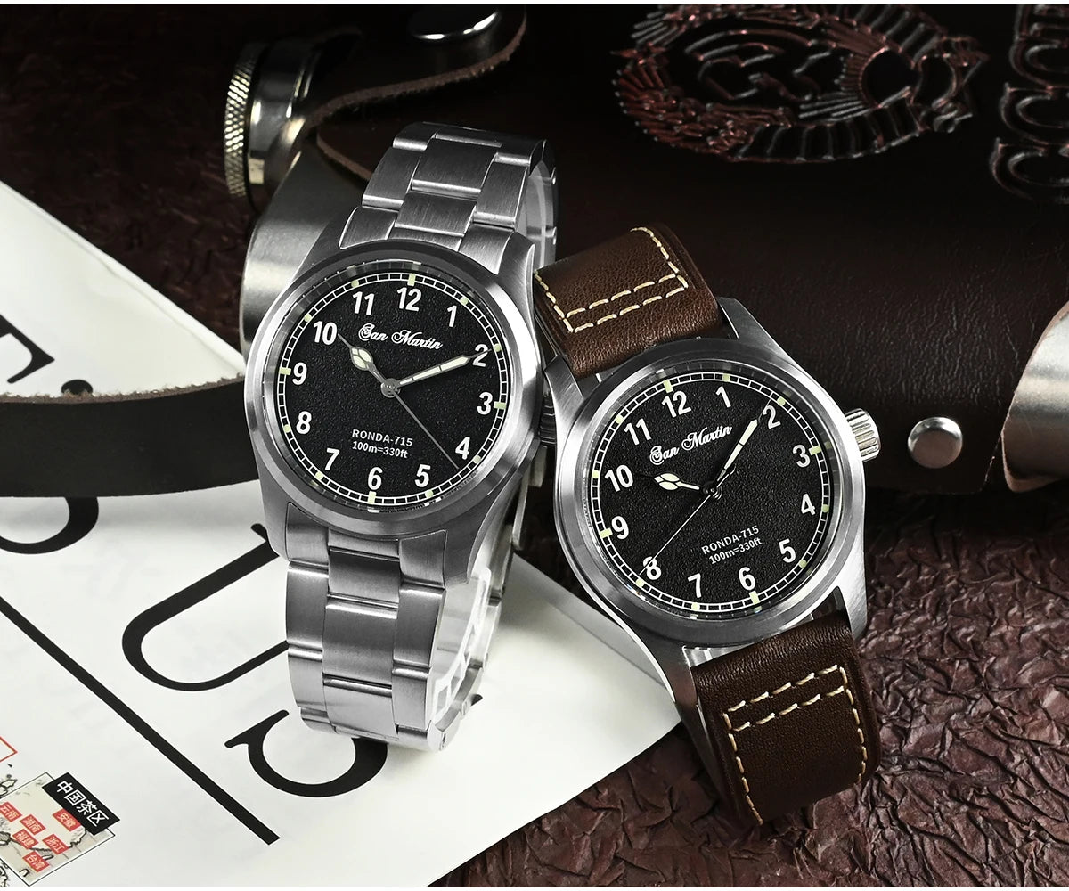 San Martin 37mm Ronda 715 Quartz Watch Men Simple Fashion 10Bar Waterproof Pilot Wristwatch BGW-9 Blue C3 Green Luminous SN0034A