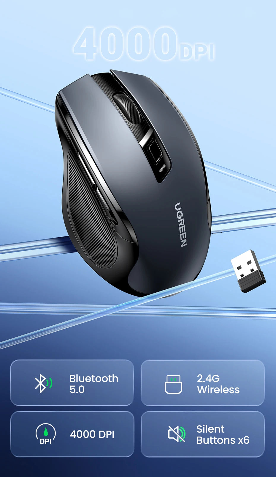 Ratón inalámbrico UGREEN Bluetooth 5.0 ergonómico, 4000DPI, 6 botones silenciosos, para MacBook, tabletas, portátiles, ordenador PC, 2.4G