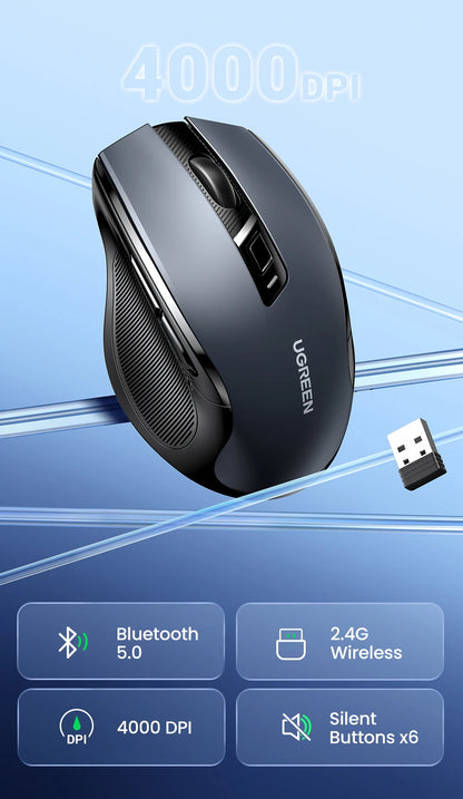 Ratón inalámbrico UGREEN Bluetooth 5.0 ergonómico, 4000DPI, 6 botones silenciosos, para MacBook, tabletas, portátiles, ordenador PC, 2.4G