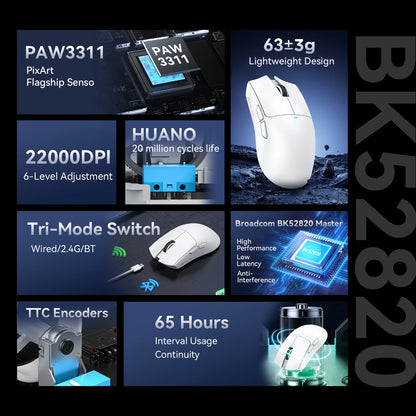Ratón gaming inalámbrico ATTACK SHARK X11SE, trimodo, superligero de 63g con sensor PAW3311, 22000 DPI, batería de 300mAh, controlador dual