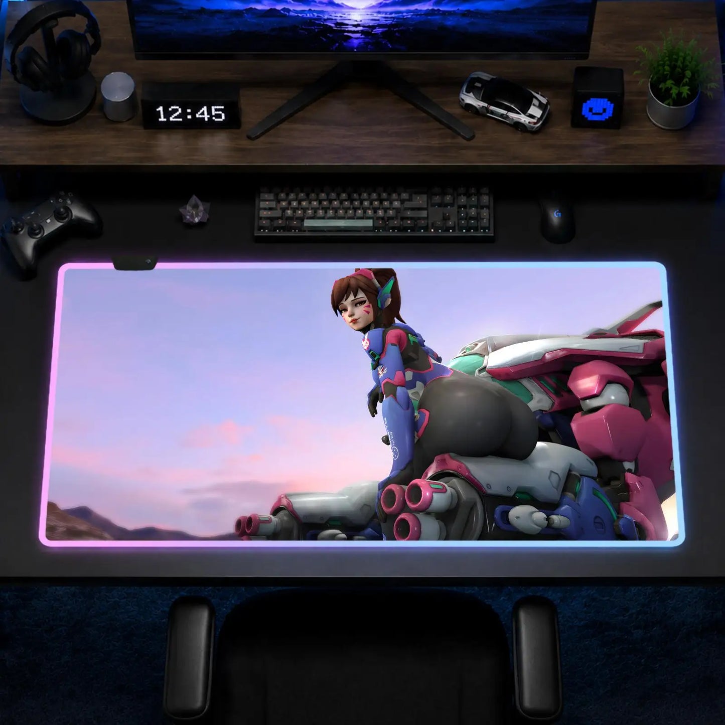 Herní podložka pod myš Overwatch Hips Anime XXL RGB, LED podložka na stůl s podsvícením a gumovým povrchem
