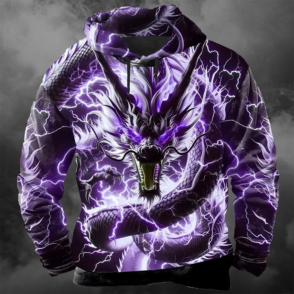 Huvtröja för herr med 3D-tryck av blixtdrake, moderiktig och cool sweatshirt för vardagsbruk, långärmad streetwear-pullover för höst och vinter, träningsoverallsjacka