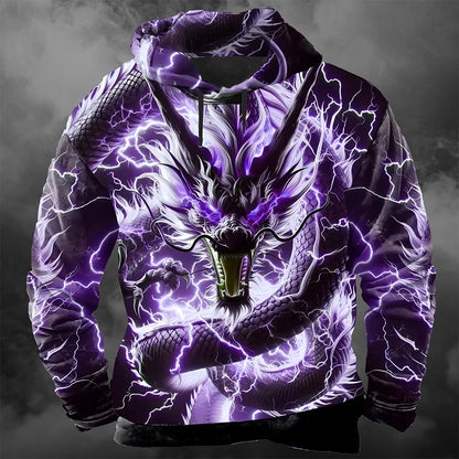Huvtröja för herr med 3D-tryck av blixtdrake, moderiktig och cool sweatshirt för vardagsbruk, långärmad streetwear-pullover för höst och vinter, träningsoverallsjacka