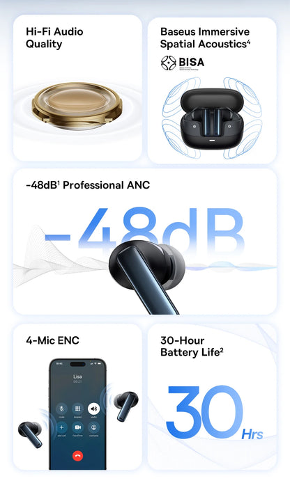 Baseus Bowie M2s ANC Wireless Bluetooth 5.3 Earbuds – 48dB Hybrid Noise Cancelling 3D Spatial Audio HiFi Earphones with Mic