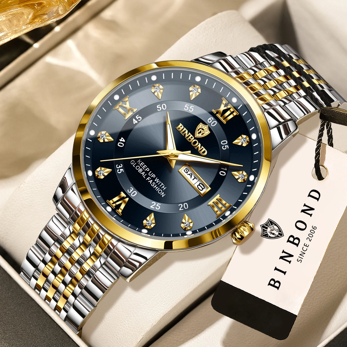 BINBOND luxury quartz wristwatch for men – Water-resistant, luminous, with day-of-the-week display – Business, sport, fashion and casual styles