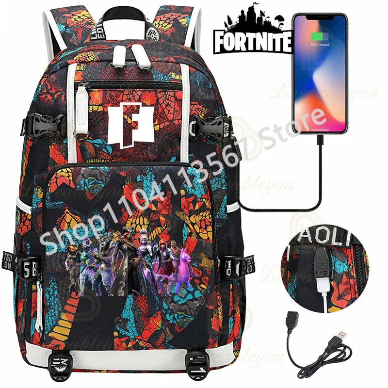 Red Jade F-Fortnited Battle Royale Backpack with USB Charging Anime Figures Study Stationery Compartment for Students Mochila