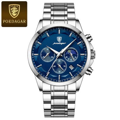 Relógio de pulso de luxo para homem POEDAGAR, estilo militar, estanque, luminoso, cronógrafo, em aço inoxidável, de quartzo, com caixa.