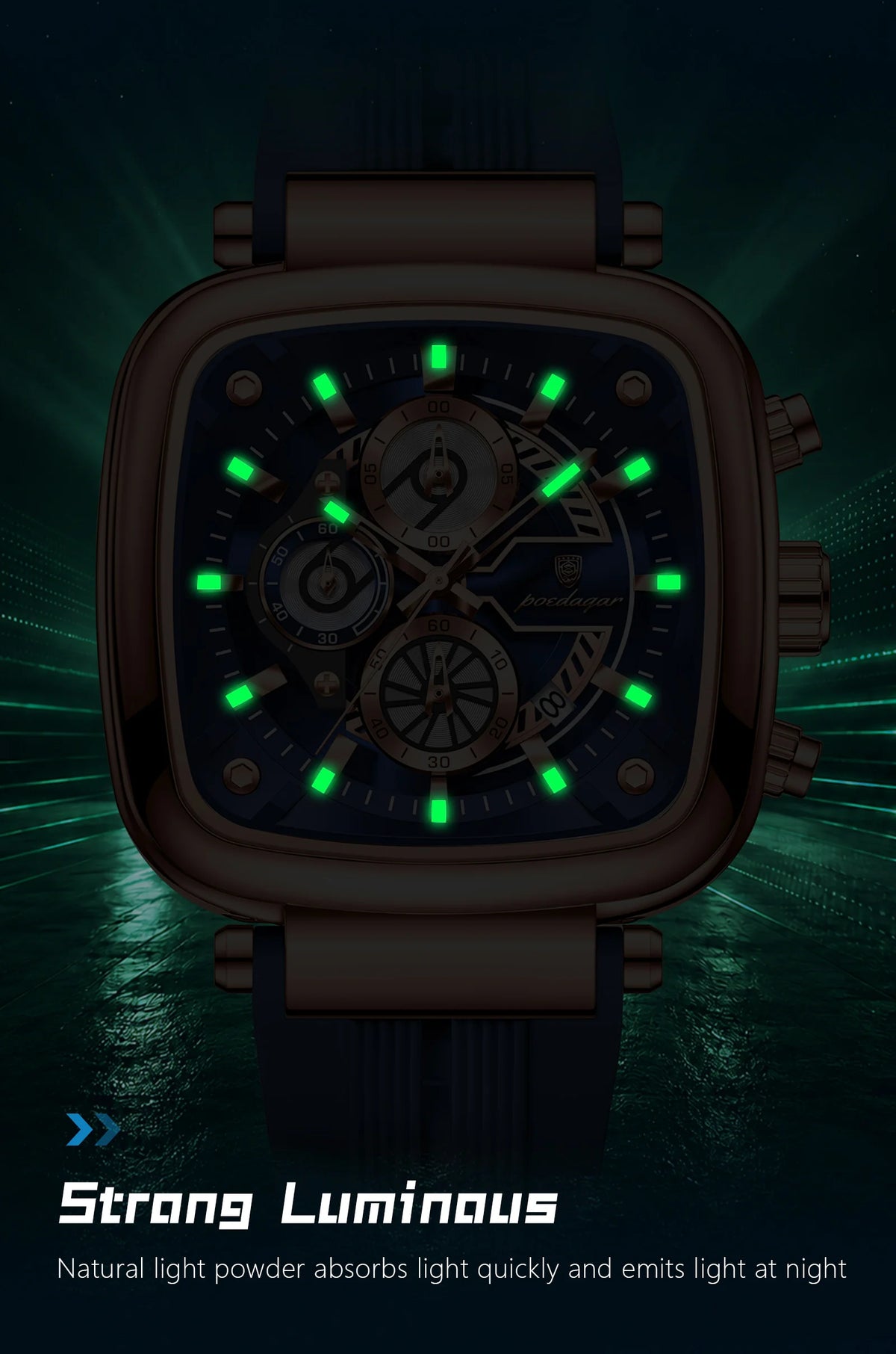 POEDAGAR Square Sport Man Wristwatch Date Waterproof Luminous Chronograph Watch For Men Silicone Strap Men's Quartz Watches Male