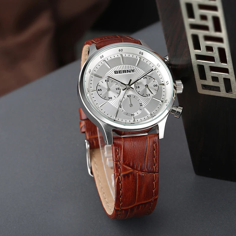 BERNY 24H Chronograph Watch for Men Luxury VD54 Watches Fashion Waterproof Genuine Leather Strap Quartz Sport Men's Wristwatch