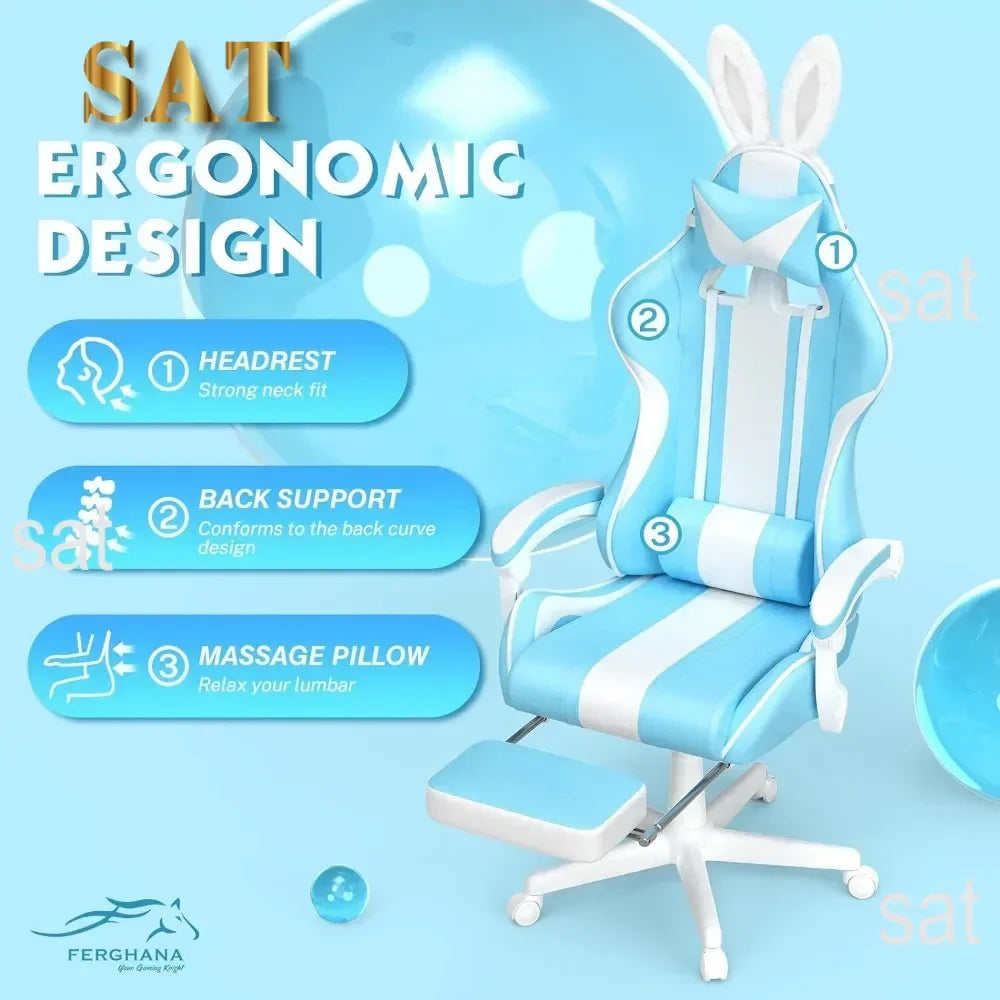 For Kawaii Light Blue Gaming Chair with Bunny Ears, Ergonomic Cute Gamer Chair with Footrest and Massage, Racing Reclining