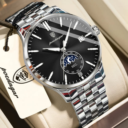 Montre homme de luxe POEDAGAR, style décontracté, en acier inoxydable, à quartz, étanche, lumineuse, avec date, élégante.