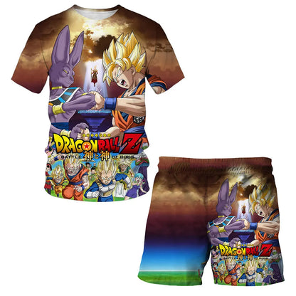 Japanese cartoon Dragon Ball Z T-shirt children's top T-shirt shorts two-piece set for summer boys T-shirt+shorts beach pants