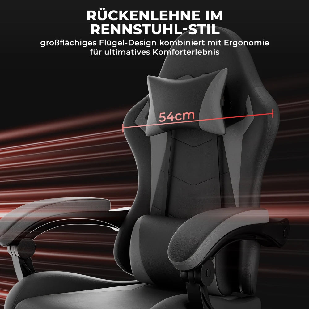 Gaming Chair Ergonomic Gaming Chair with Lumbar Pillow and Headrest, Gamer Chair Height Adjustable, PC Chair for Adults Girls Boys, Black Grey
