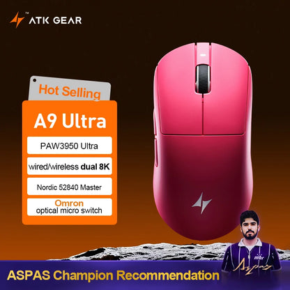 Безжична геймърска мишка ATK Dragonfly A9 Ultimate A9 Air PAW3950, ултралека ергономична e-sports мишка за FPS геймъри, CSGO A9 Ultra