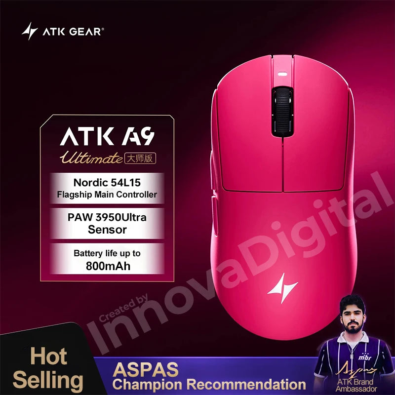 Безжична геймърска мишка ATK Dragonfly A9 Ultimate A9 Air PAW3950, ултралека ергономична e-sports мишка за FPS геймъри, CSGO A9 Ultra