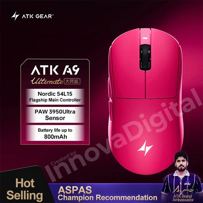 Безжична геймърска мишка ATK Dragonfly A9 Ultimate A9 Air PAW3950, ултралека ергономична e-sports мишка за FPS геймъри, CSGO A9 Ultra