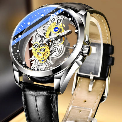 Hot Sale Fashion Transparent Watch Men Imitation Mechanical Watches Luminous Dial Stainless Steel Band Quartz Wristwatches Men