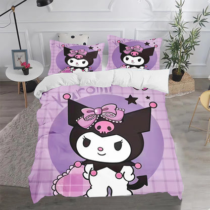 Ensemble de literie Kuromi : housse de couette et taie d'oreiller mignonnes, pour chambre d'enfant (garçon ou fille), décoration de chambre, cadeau pour enfants, taille simple, double ou grande