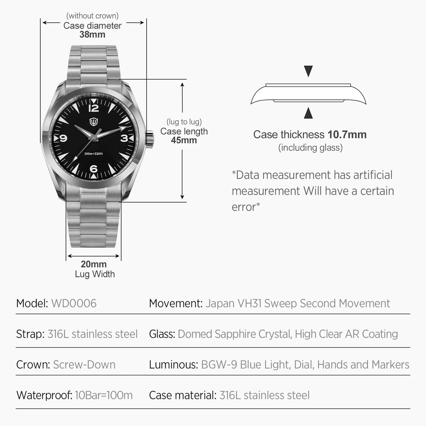 Watchdives WD0006 V2 Watch VH31 Sweep Second Quartz Movement Sapphire Luminous Stainless Steel Watches Waterproof 38mm Watch