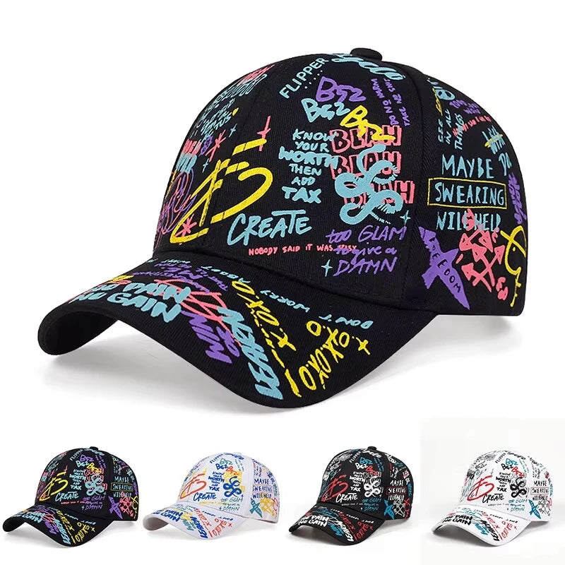 Baseballkasket med modegraffiti-print, udendørs bomuldskasket, hat til mænd og kvinder, sommer-solhatte, justerbare hiphop-kasketter
