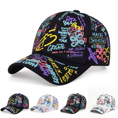 Baseballkasket med modegraffiti-print, udendørs bomuldskasket, hat til mænd og kvinder, sommer-solhatte, justerbare hiphop-kasketter