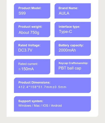 AULA S99 Keyboard 3-Mode Wireless Bluetooth Wired RGB Ergonomic 99-Key Typing Mute Gaming Keyboard Custom PC Accessories Gifts