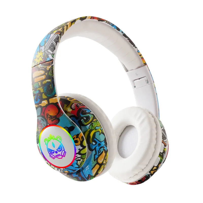 Auscultadores Gaming Bluetooth Sem Fios New Graffiti LX-8686 com Microfone, Iluminação LED, Suporte para Cartão TF, Graves Profundos e Design Over-Ear para PC, Gaming e Crianças