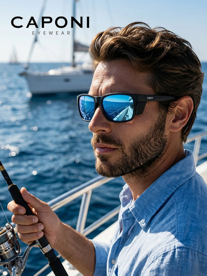CAPONI polariserede herresolbriller til udendørs sport og fiskeri, firkantede, olie- og vandafvisende, blå HD-glas, sorte solbriller, CP36505